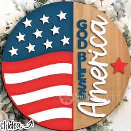 Circular sign with American flag design and text on a textured background